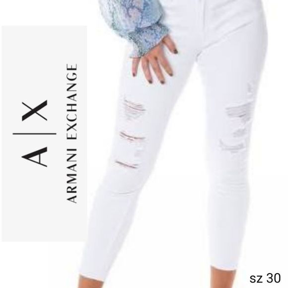 Armani Exchange Denim - Sexy Cute Ripped White Button Fly Distressed Cropped Straight Designer Jeans 10